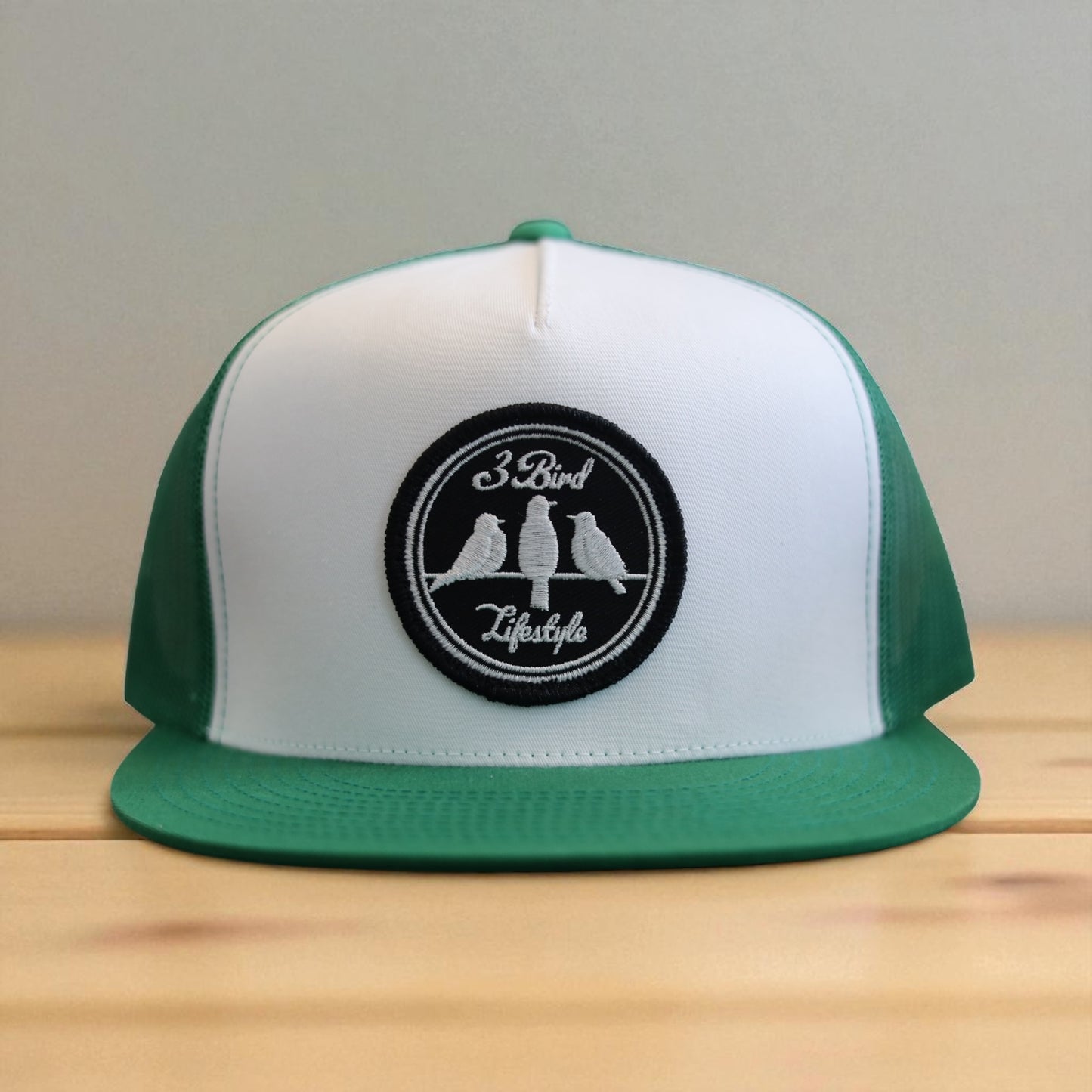 3 Bird Lifestyle Flat Bill Trucker • Green & White• 3 Bird Lifestyle Patch