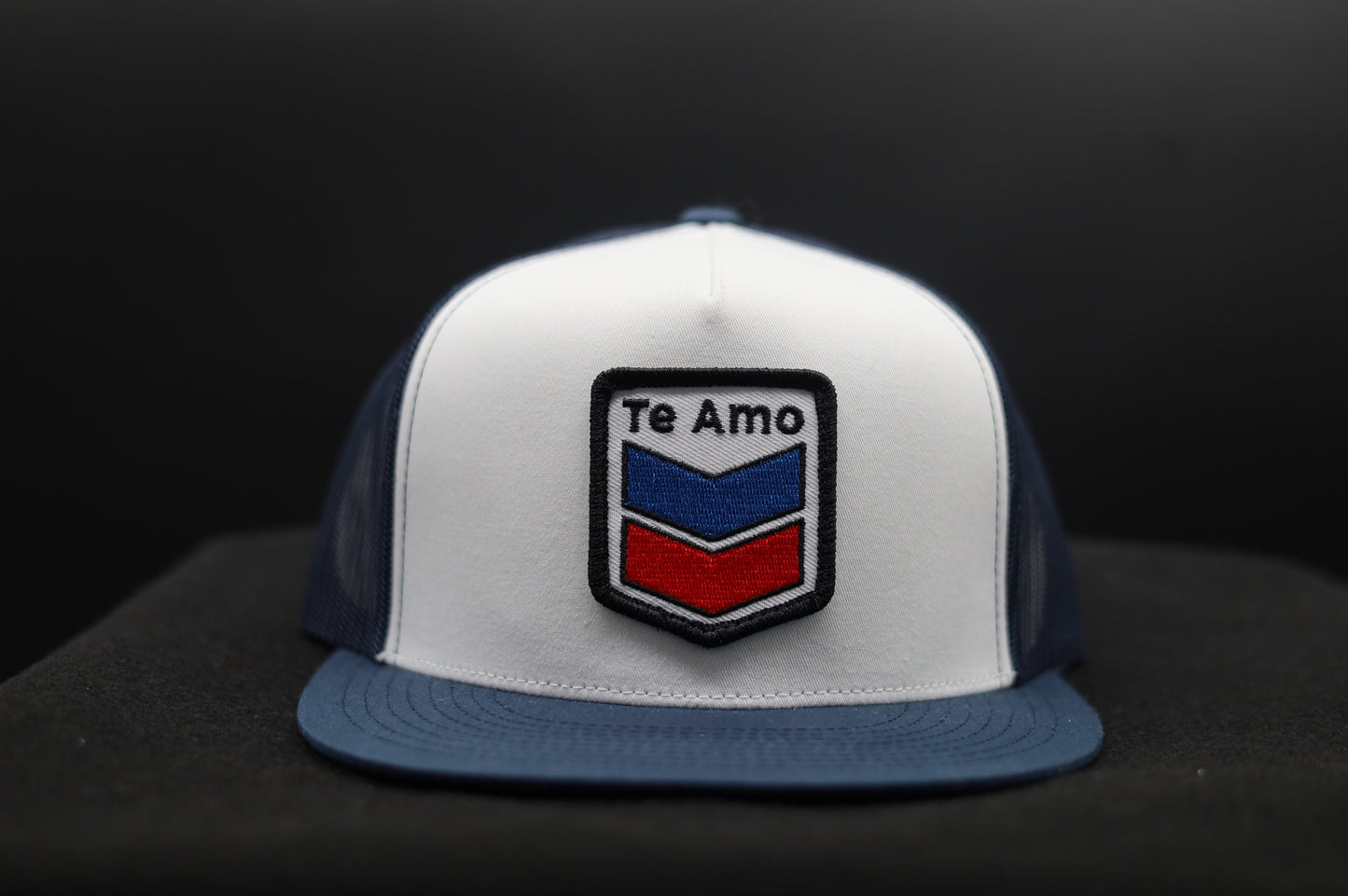 Old School Flat Bill Trucker • Navy & White •  Te Amo (Blue and Red) Patch