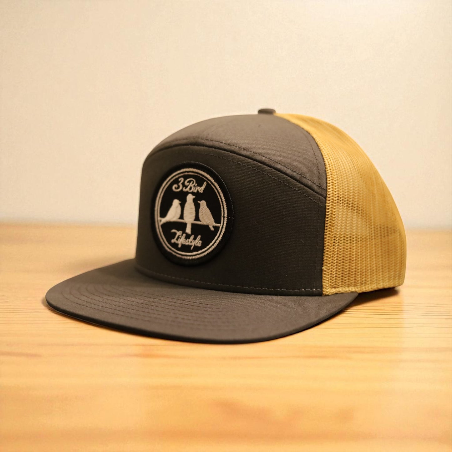 3 Bird Lifestyle Seven-Panel Trucker •Charcoal & Old Gold• 3 Bird Lifestyle Patch