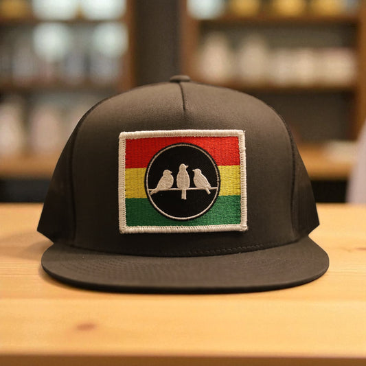3 Bird Lifestyle Flat Bill Trucker • Charcoal Grey and Grey• 3 Bird Rasta Flag Patch