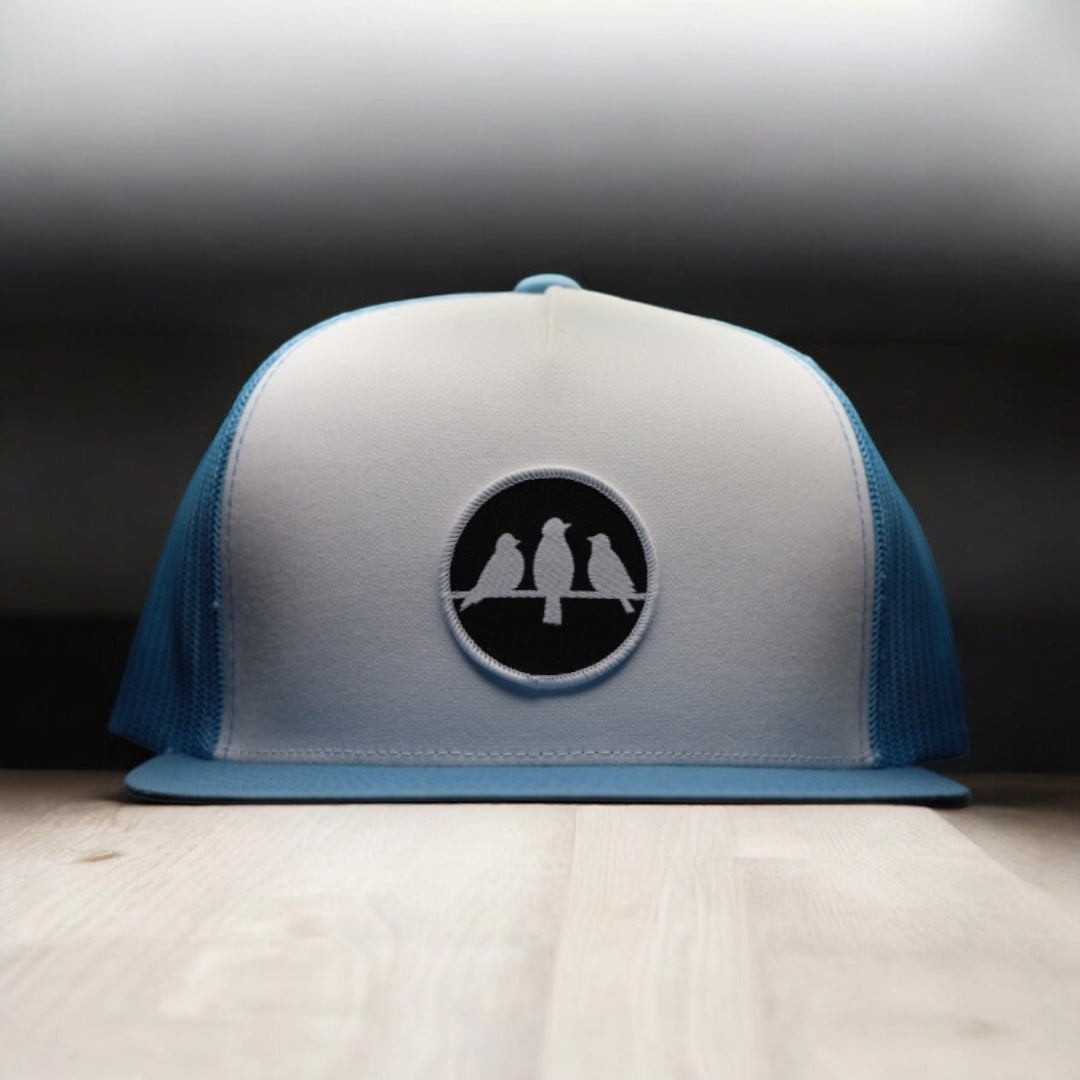 3 Bird Lifestyle Flat Bill Trucker • Carolina Blue & White• Birds Only Small Patch