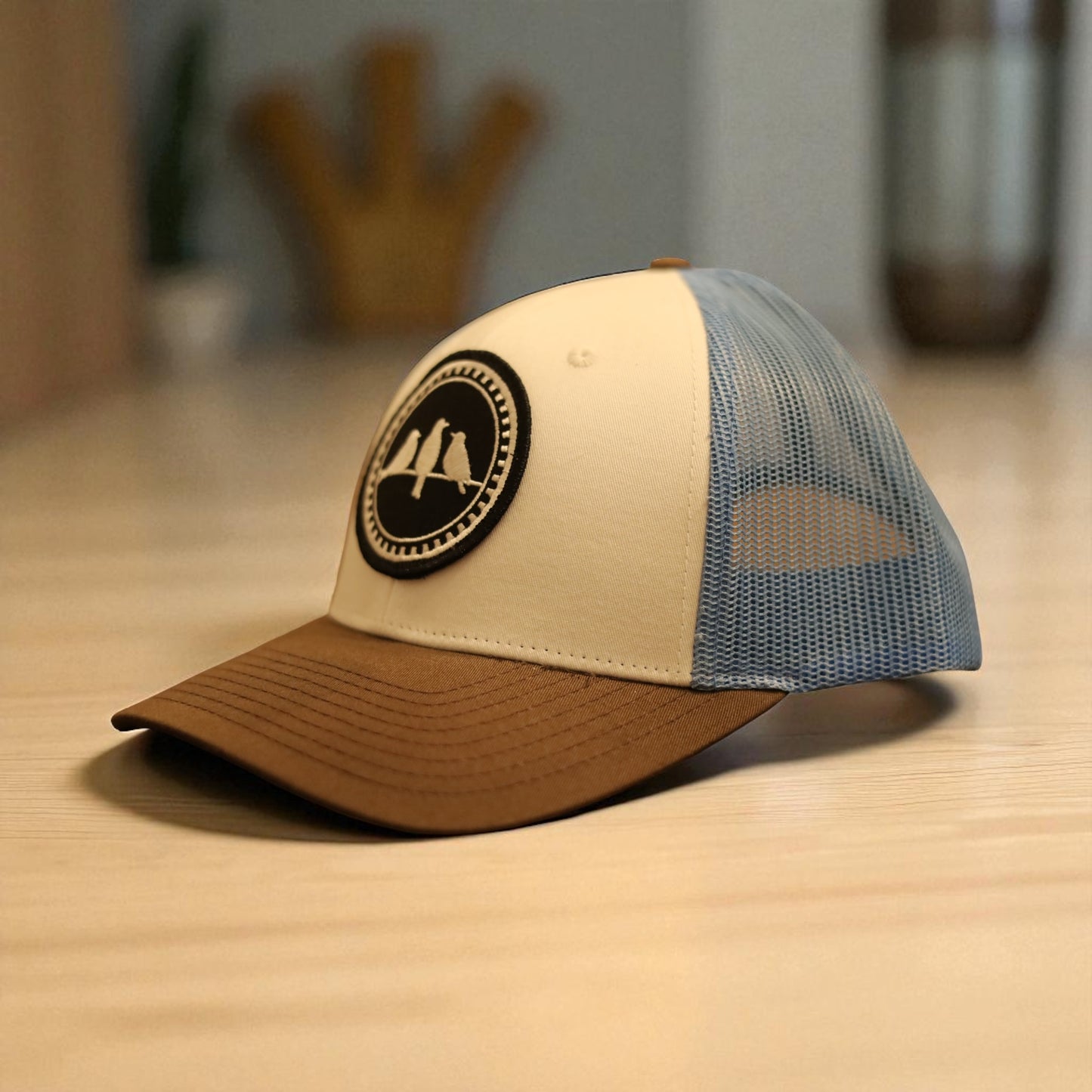 3 Bird Lifestyle Low Profile Trucker Hat • White & Columbia Blue & Brown• 3 Birds Only Patch
