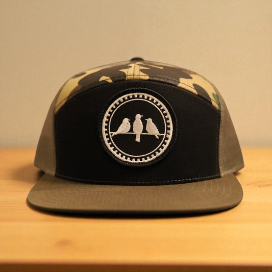 3 Bird Lifestyle Seven-Panel Trucker •Black & Camo & Loden • Birds Only Patch