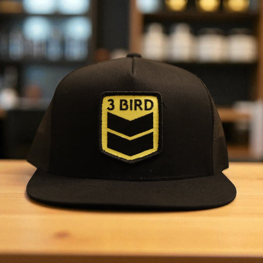3 Bird Lifestyle Flat Bill Trucker • Black and Black • 3 Bird Patch