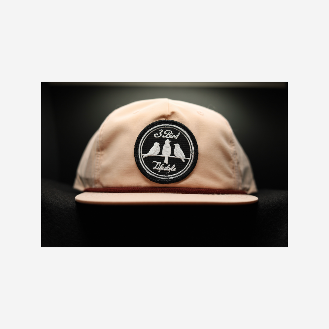 3 Bird Lifestyle Grandpa Rope Hat • Pale Peach with Maroon Rope • 3 Bird Lifestyle Patch