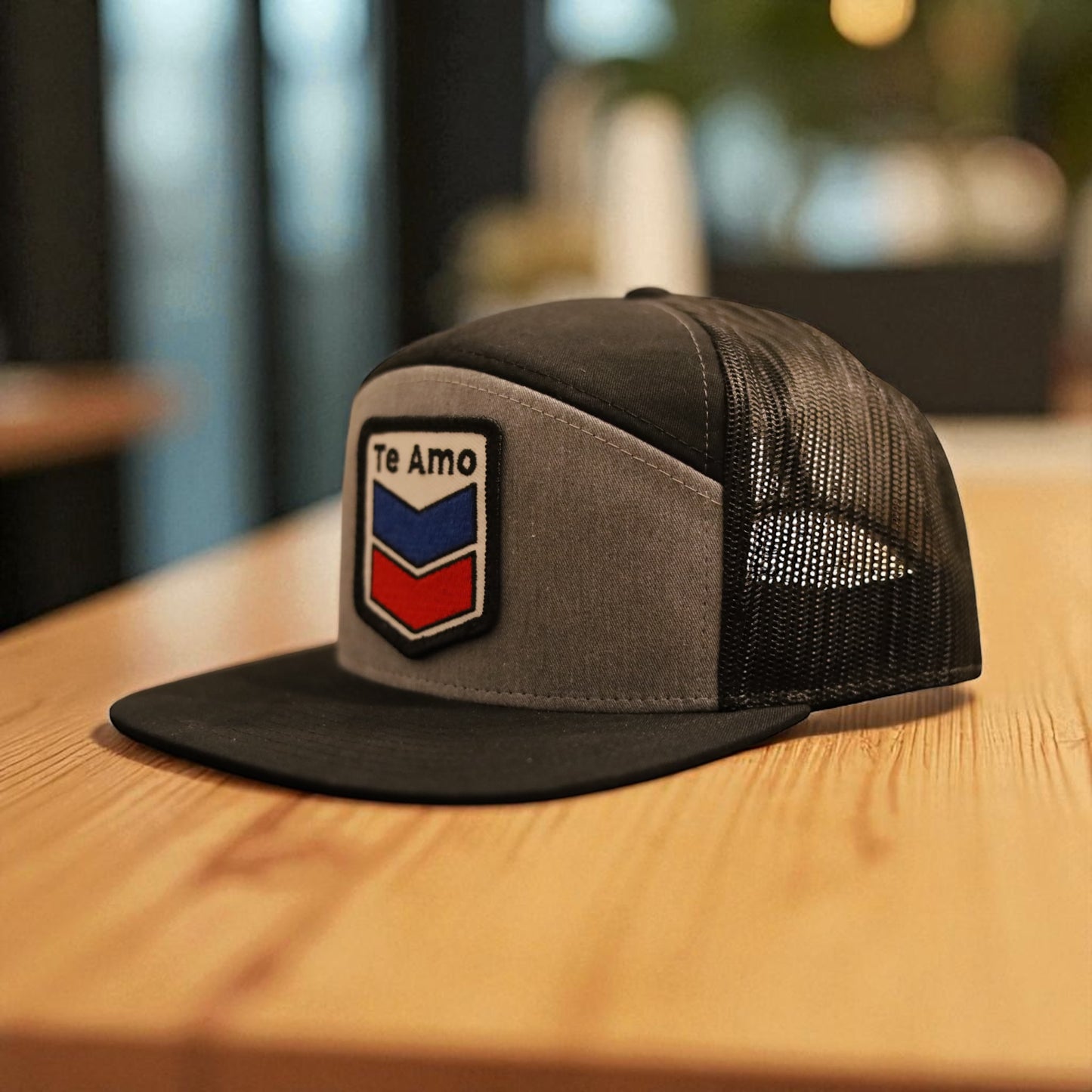 3 Bird Lifestyle Seven-Panel Trucker  • Heather Grey & Black• Te Amo (Blue & Red) Patch