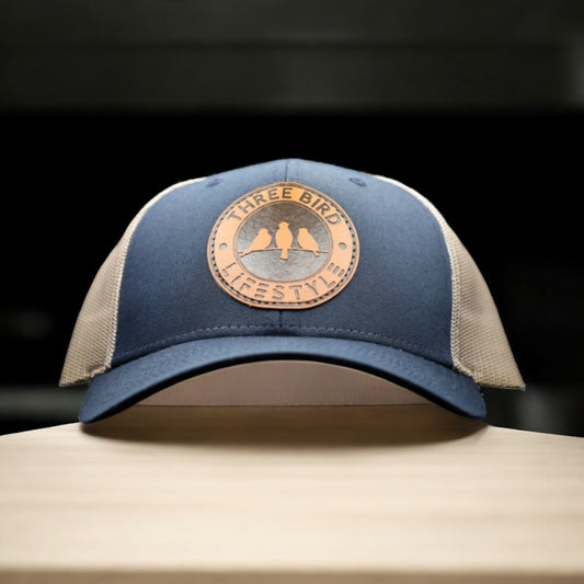 3 Bird Lifestyle Low Profile Trucker Hat • Navy / Khaki • 3 Bird LIfestyle Leather Patch
