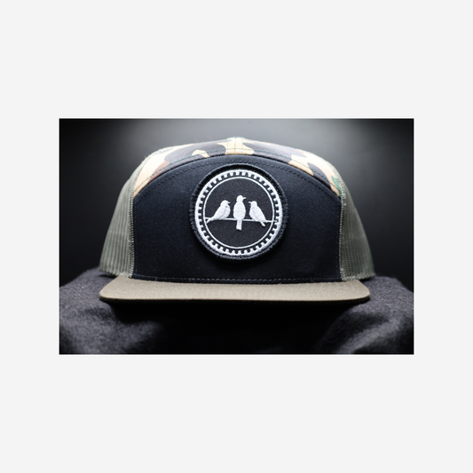 3 Bird Lifestyle Seven-Panel Trucker •Black & Camo & Loden • Birds Only Patch