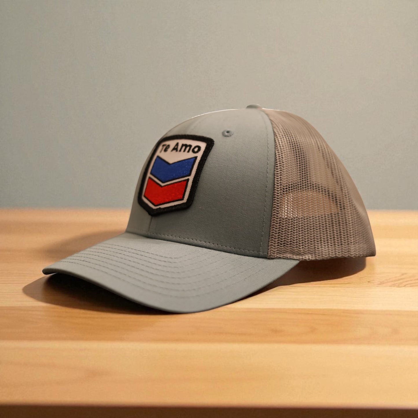 3 Bird Lifestyle Low Profile Trucker Hat • Smoke Blue & Aluminum• Te Amo (Blue and Red) Patch