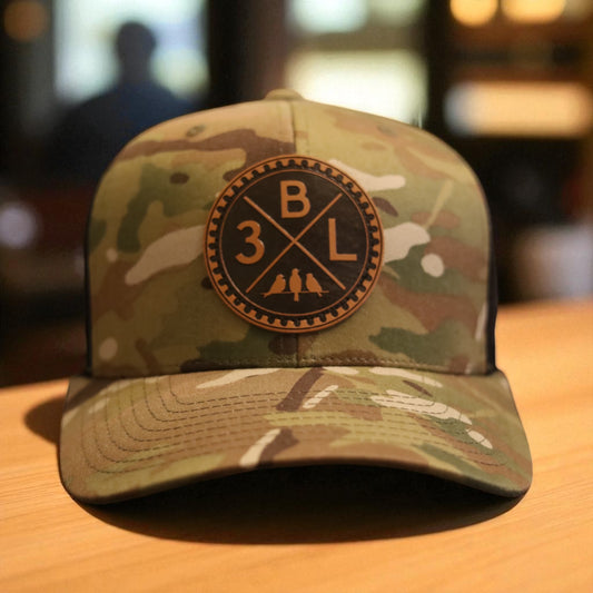 3 Bird Lifestyle Trucker Hat •Multicam Green & Black • Leather Patch 3BLX