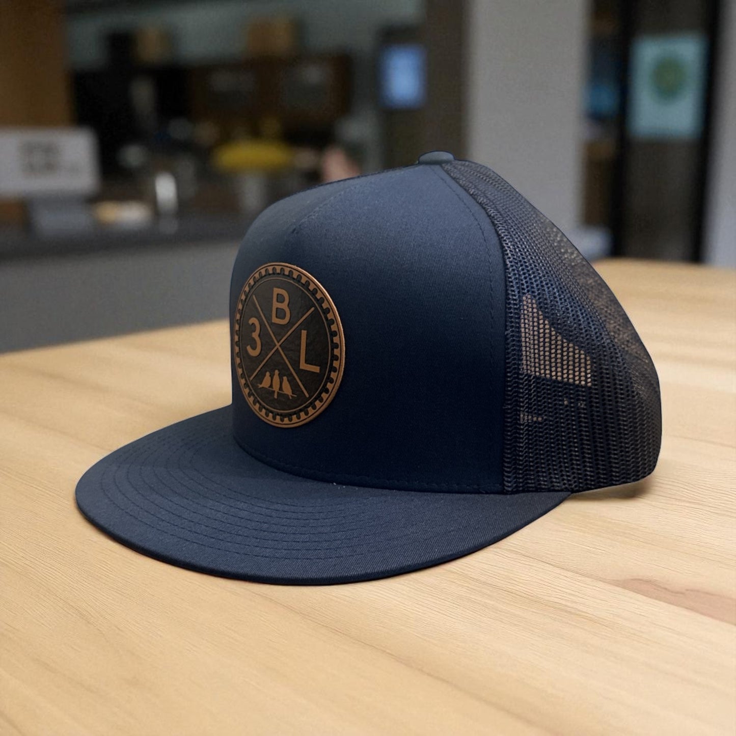 3 Bird Lifestyle Flat Bill Trucker • Navy • 3BLX Leather Patch