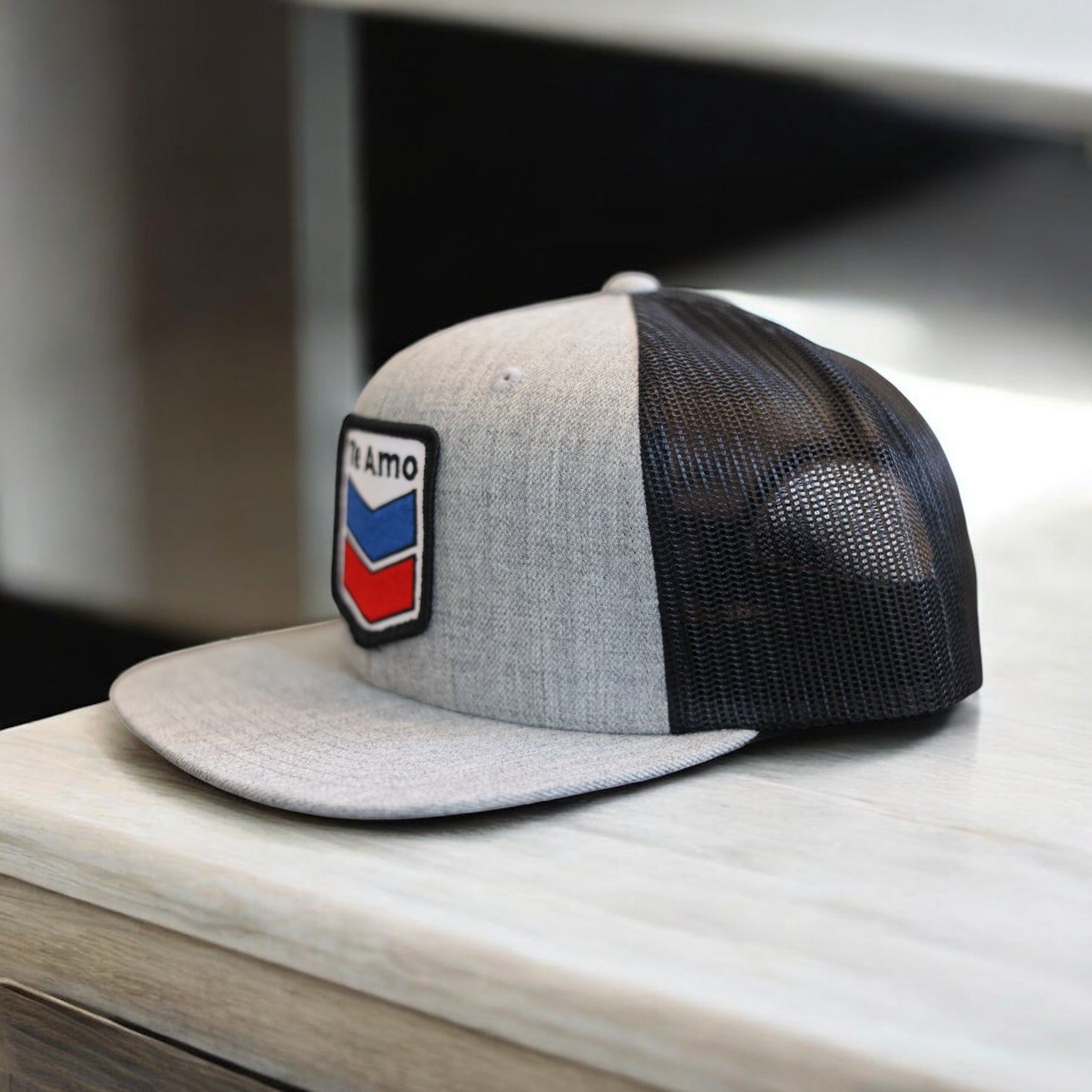 3 Bird Lifestyle Wool Blend Flat Bill Trucker • Heather Grey & Black • Te Amo (Blue and Red) Patch
