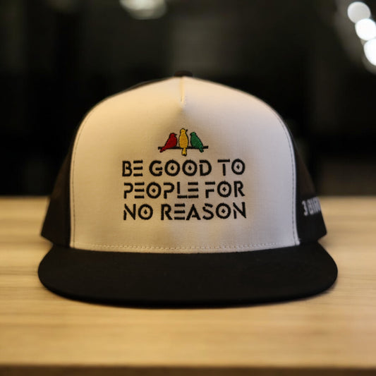 3 Bird Lifestyle Flat Bill Trucker • White & Black• Be Good To People For No Reason • Rasta Birds