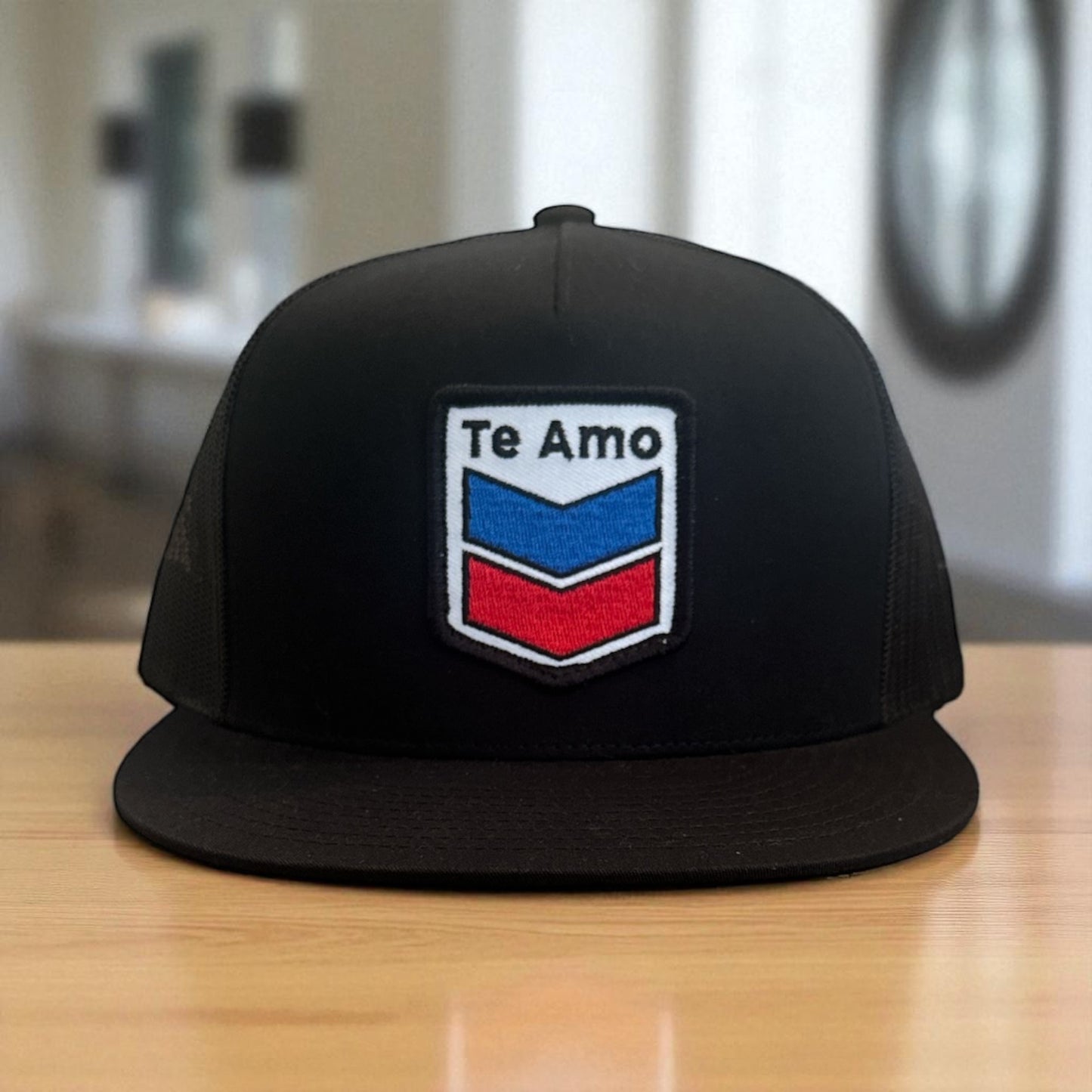 3 Bird Lifestyle Flat Bill Trucker • Black • Te Amo (Blue and Red) Patch