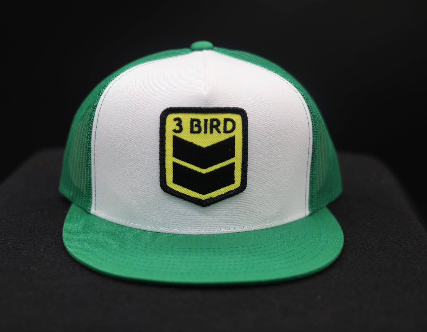 Old School Flat Bill Trucker •Green & White• 3 Bird Patch