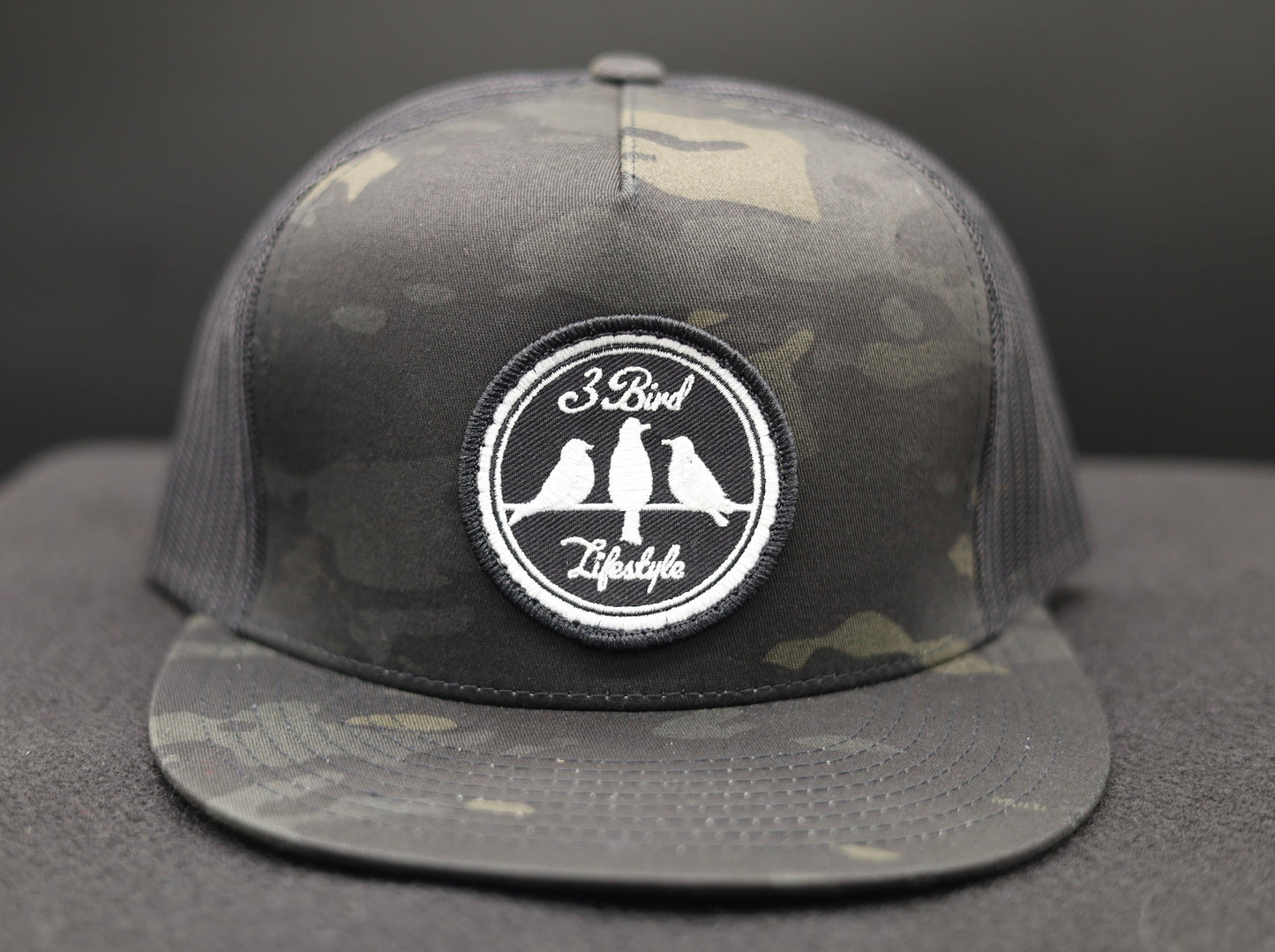 Old School Flat Bill Trucker •Multicam Black & Black • 3 Bird Lifestyle Patch