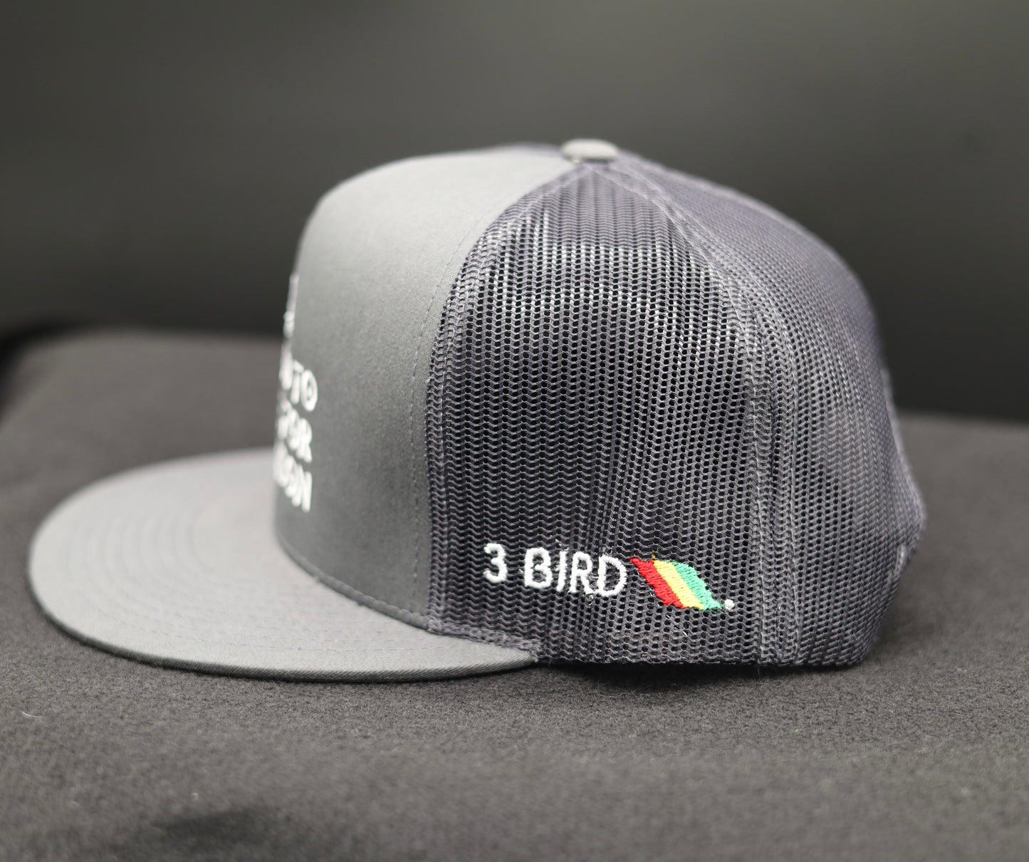 3 Bird Lifestyle Flat Bill Trucker • Charcoal• Be Good To People For No Reason Embroidered