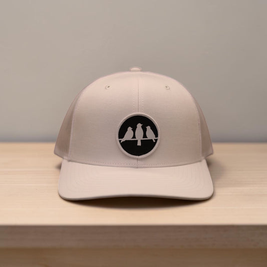 Old School Flat Bill Trucker • White & White• Birds Only Small Patch