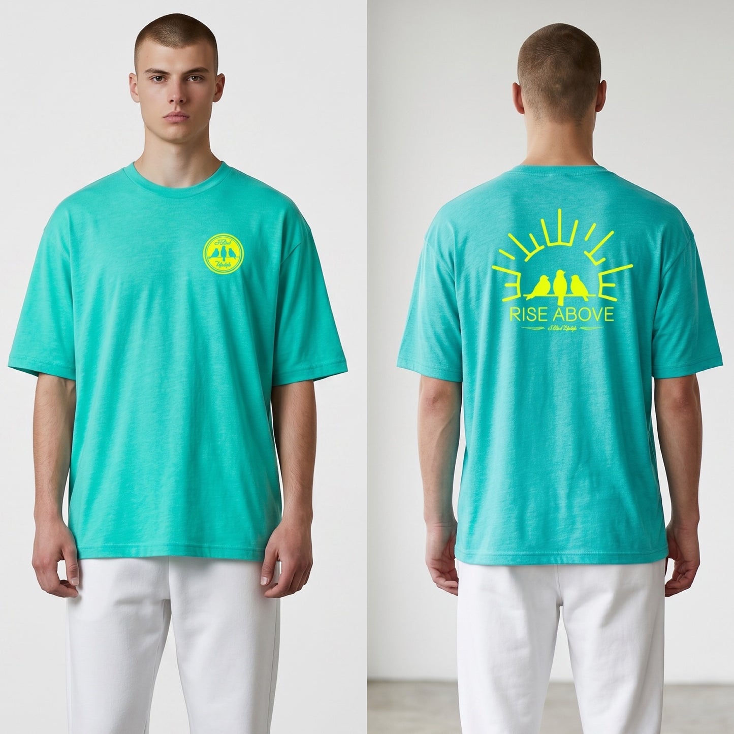 3 Bird Lifestyle T-Shirt • Rise Above • Teal & Yellow