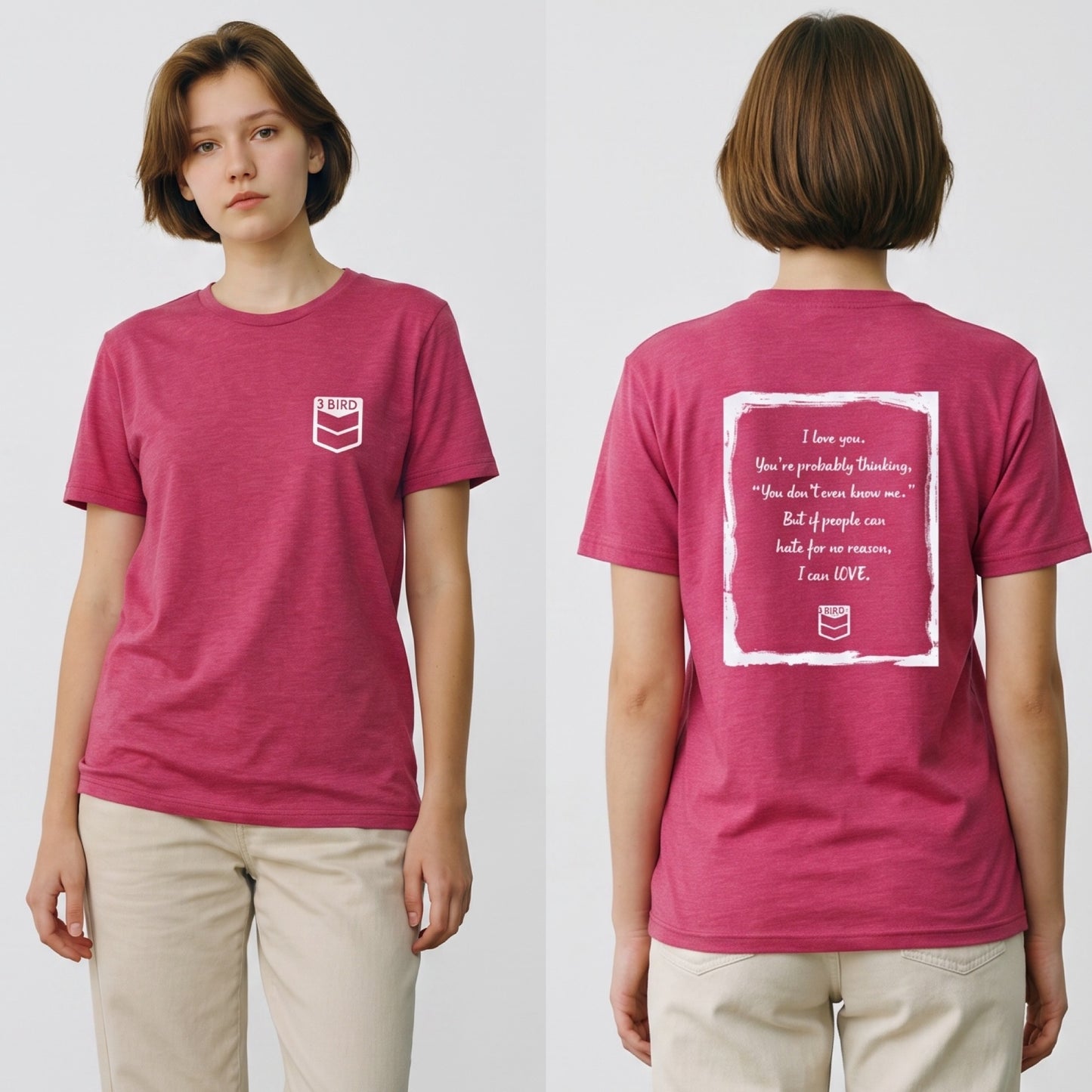 3 Bird Lifestyle T-Shirt •  I Love You • Heather Raspberry