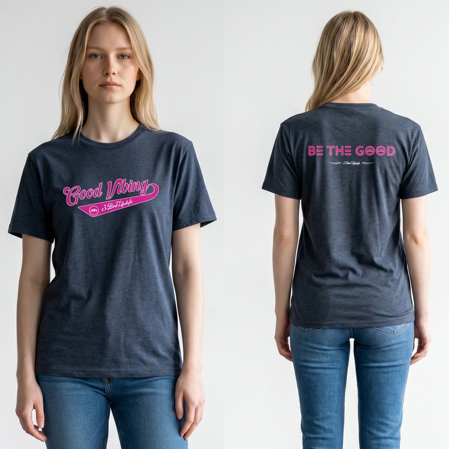 3 Bird Lifestyle T-Shirt • Good Vibing / Be The Good • Navy & Pink