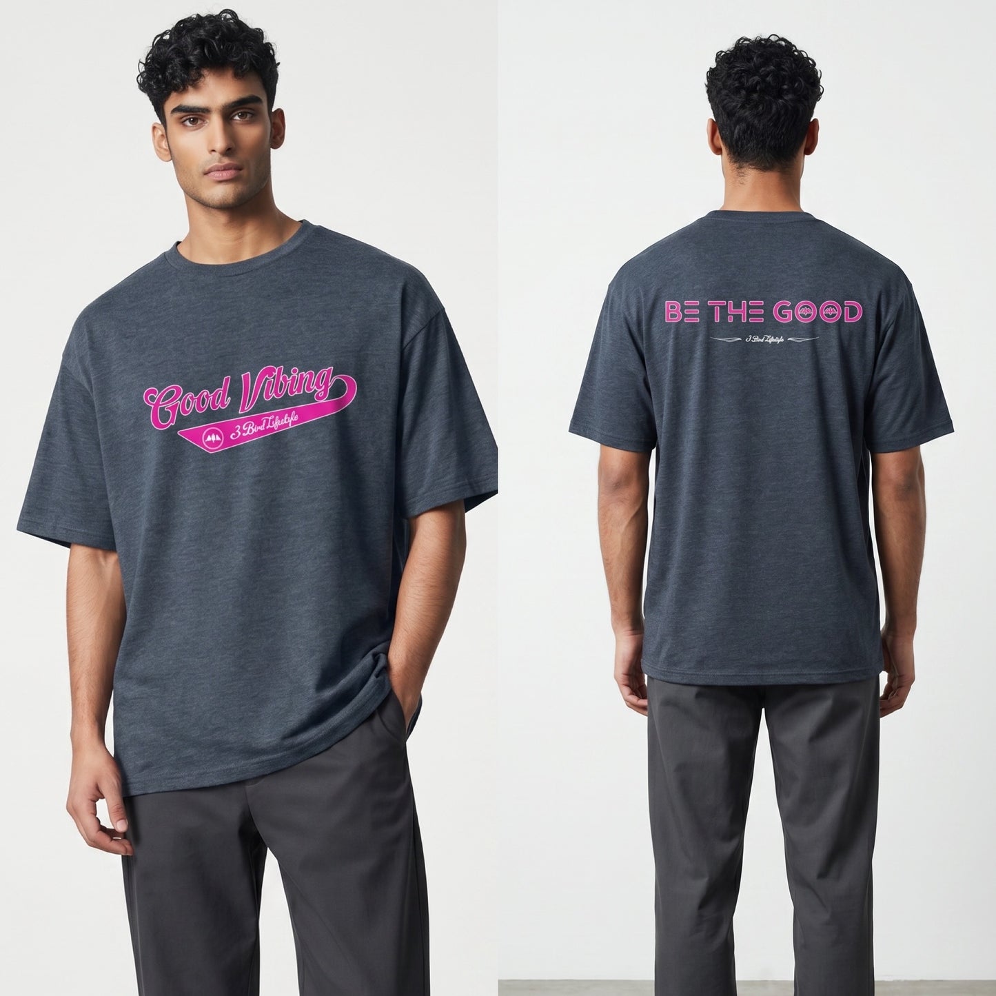 3 Bird Lifestyle T-Shirt • Good Vibing / Be The Good • Navy & Pink