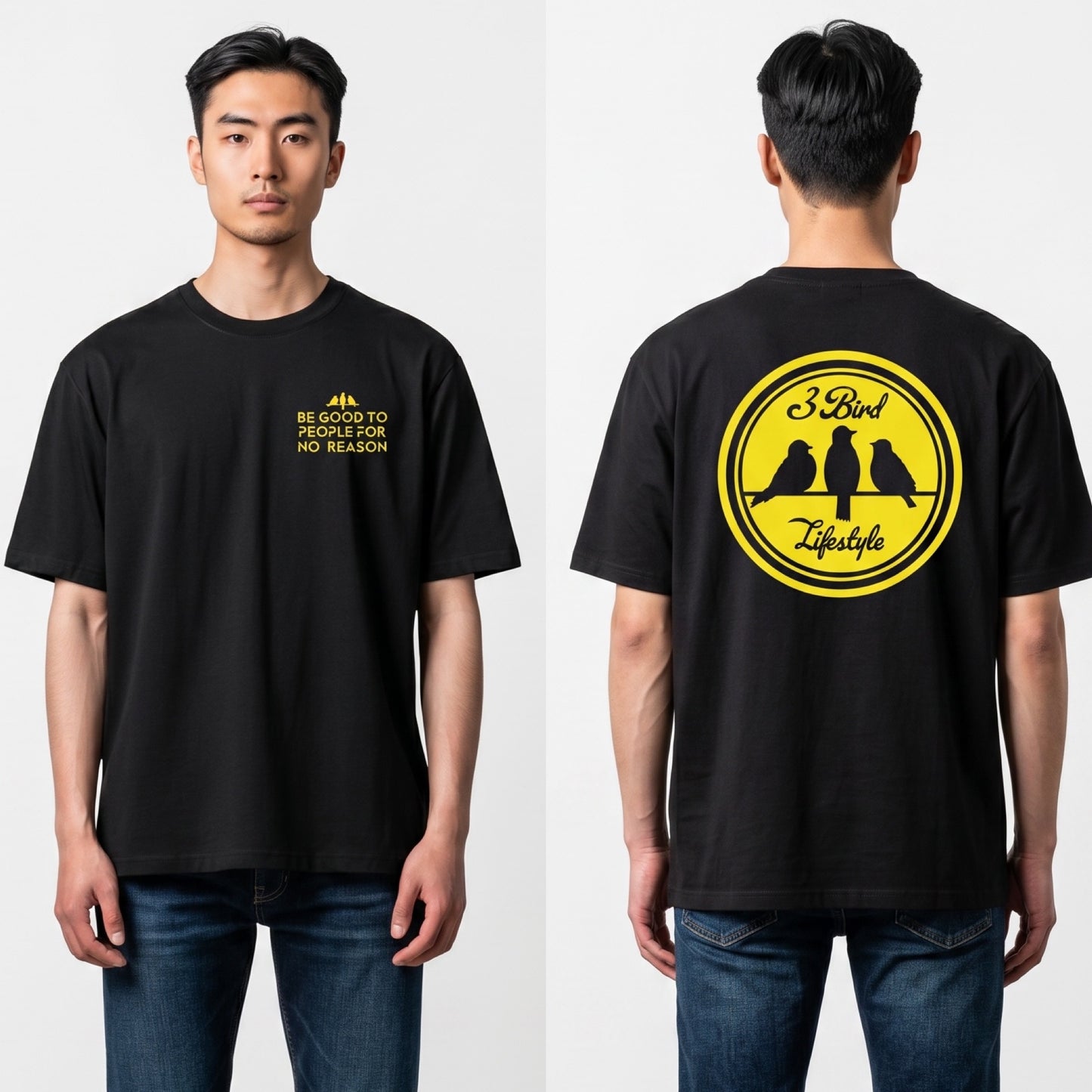 3 Bird Lifestyle T-Shirt • Be Good To People For No Reason • Black & Yellow