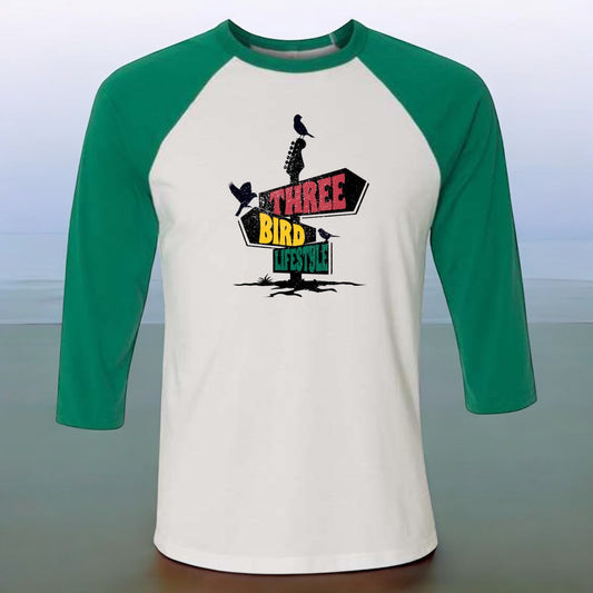 3 Bird Lifestyle Raglan • Three-Quarter Sleeve Baseball Tee • Green & White