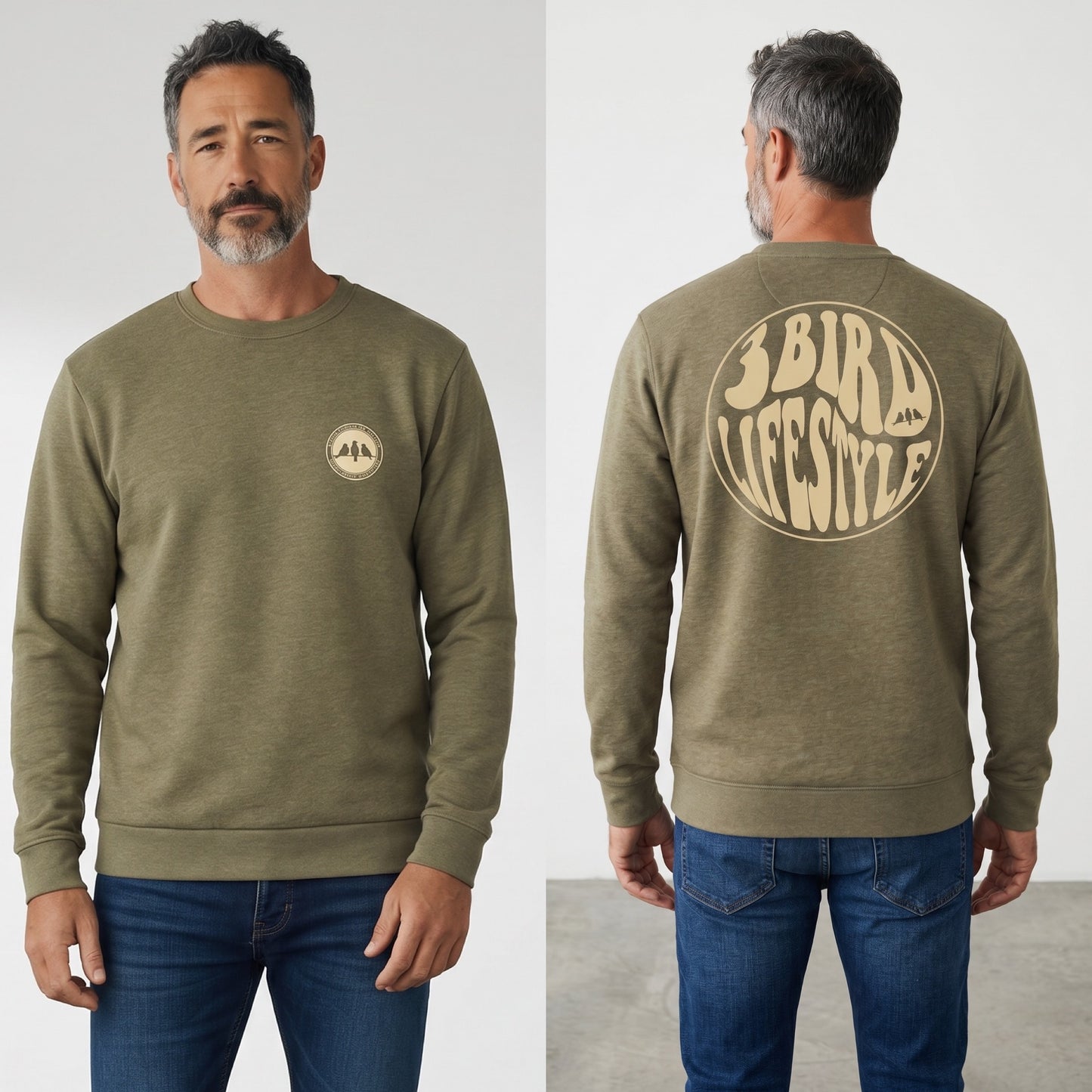 3 Bird Lifestyle Crewneck Sweatshirt • Be Good To People For No Reason • Military Green & Tan