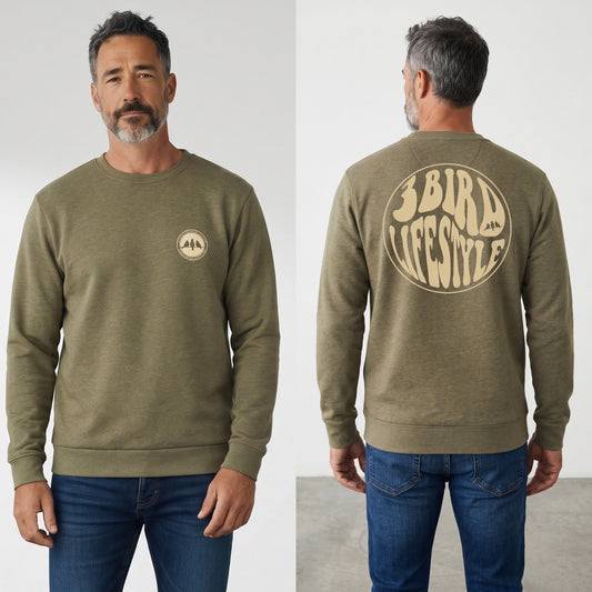 3 Bird Lifestyle Crewneck Sweatshirt • Be Good To People For No Reason • Military Green & Tan