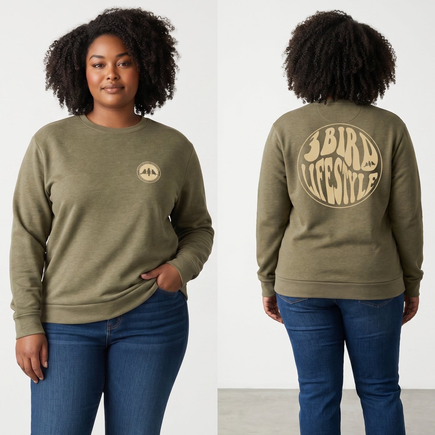 3 Bird Lifestyle Crewneck Sweatshirt • Be Good To People For No Reason • Military Green & Tan