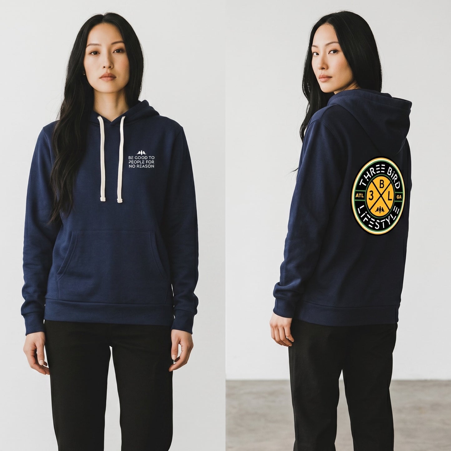 3 Bird Lifestyle Hoodie • Be Good To People For No Reason • Navy