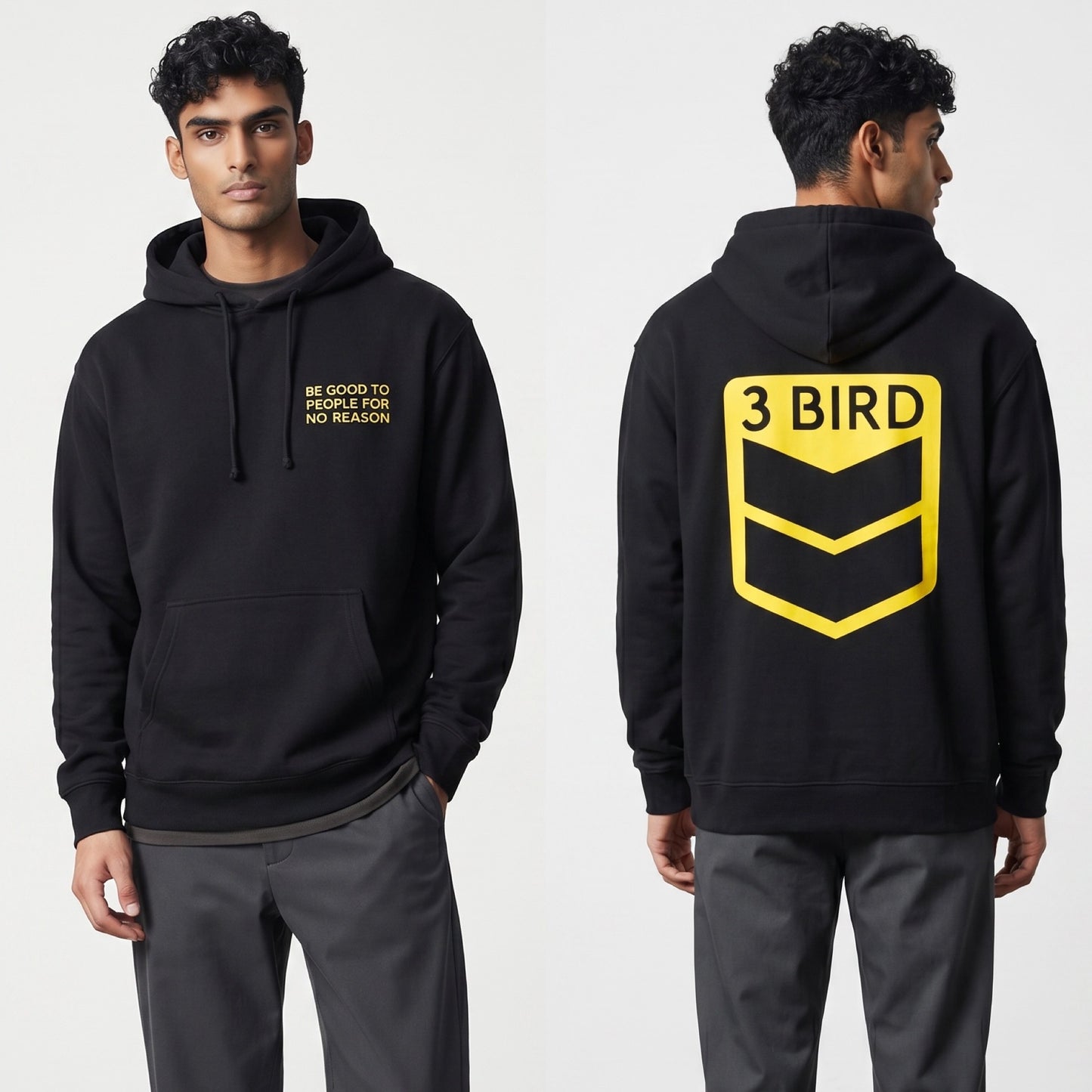 3 Bird Lifestyle Hoodie • Be Good To People For No Reason • Black and Yellow