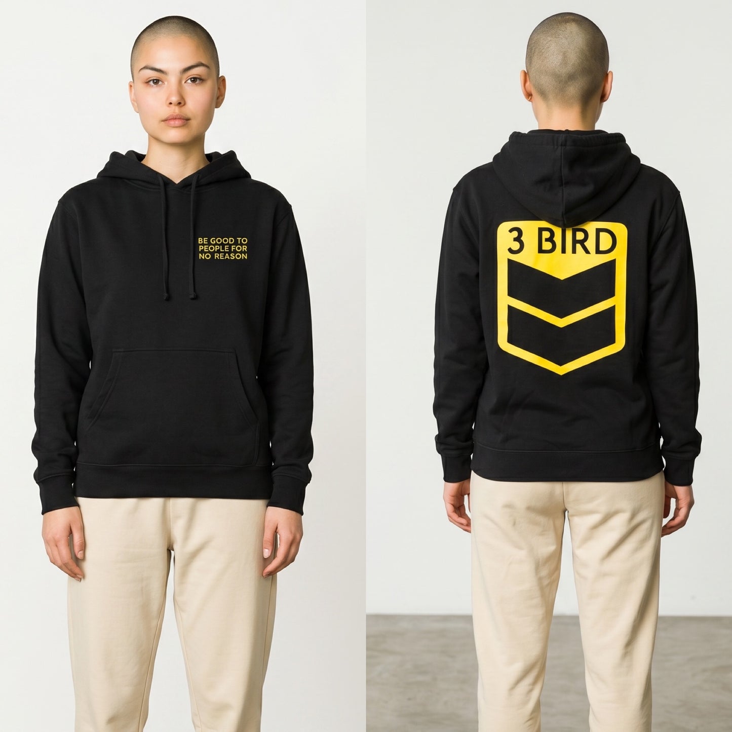 3 Bird Lifestyle Hoodie • Be Good To People For No Reason • Black and Yellow