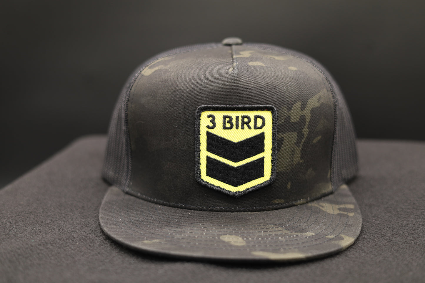 Old School Flat Bill Trucker •Multicam Black & Black • 3 Bird Patch