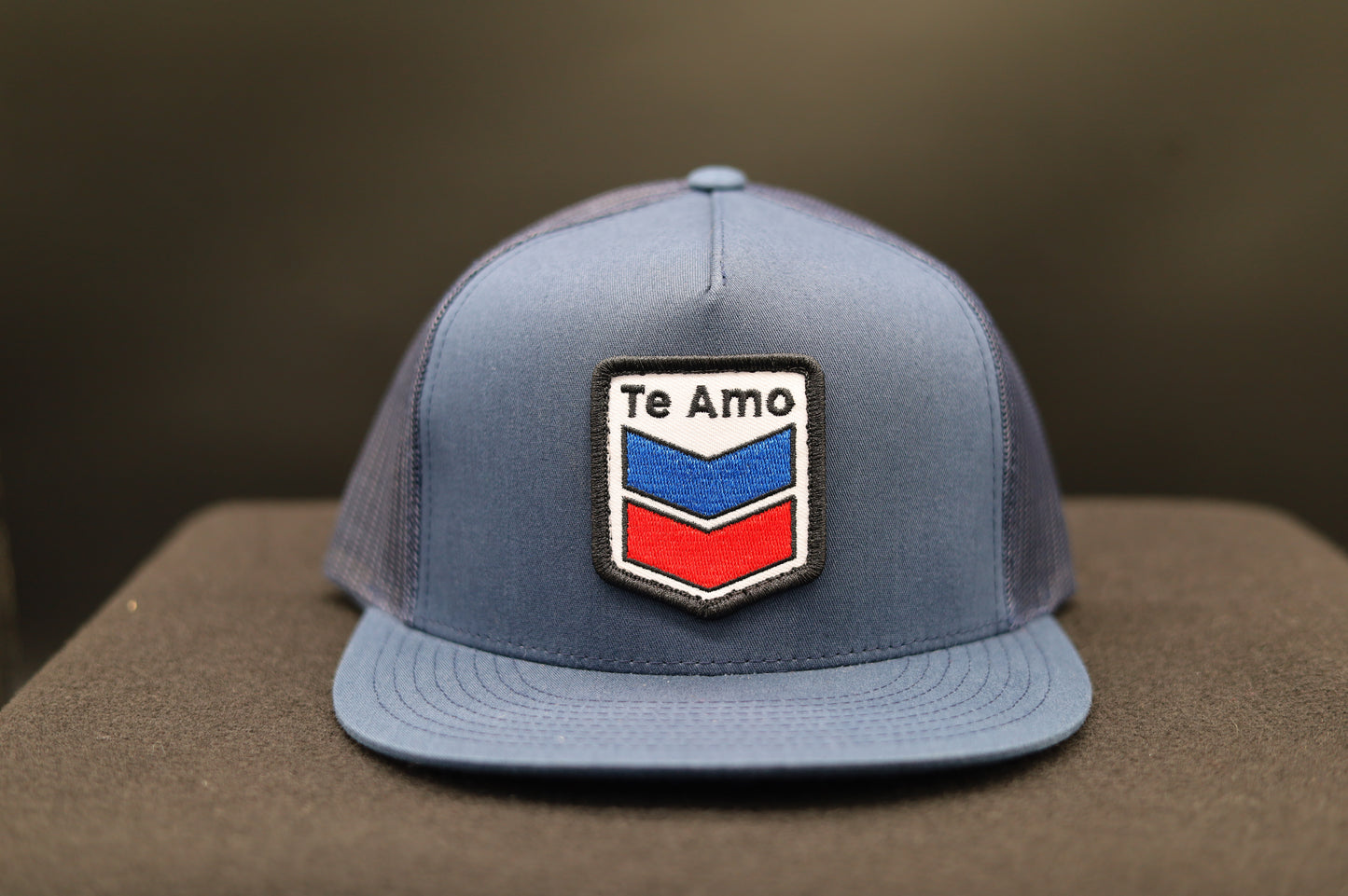 Old School Flat Bill Trucker • Navy • Te Amo (Blue & Red) Patch