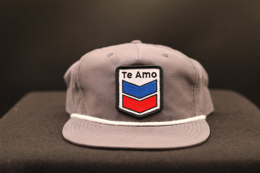 3 Bird Lifestyle Grandpa Rope Hat
 • Grey with White Rope • Te Amo (Blue and Red) Patch