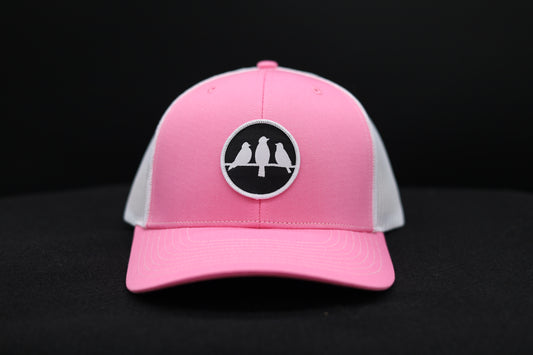 Old School Flat Bill Trucker • Pink & White• Birds Only Small Patch