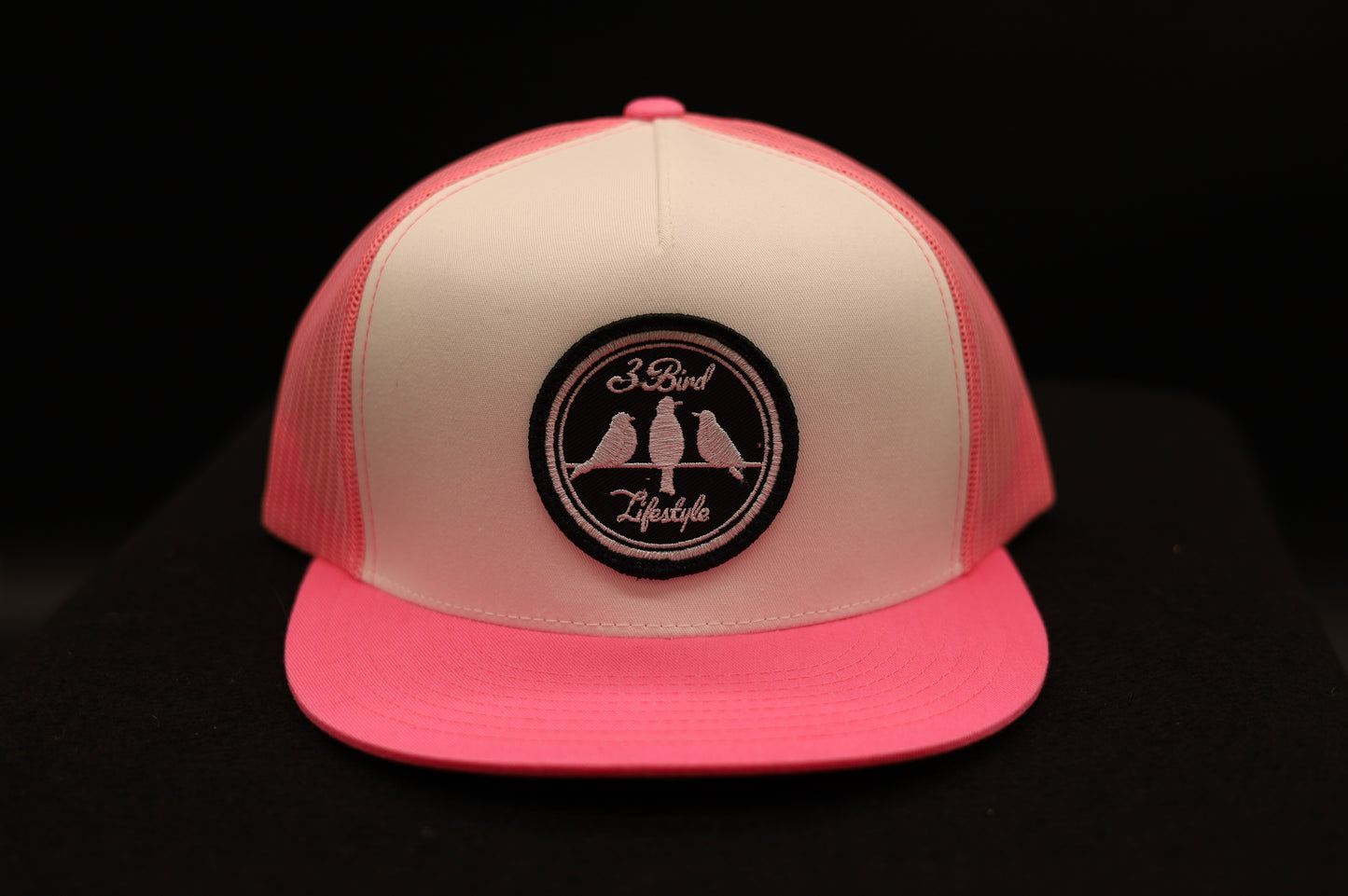 Old School Flat Bill Trucker •Pink & White• 3 Bird Lifestyle Patch