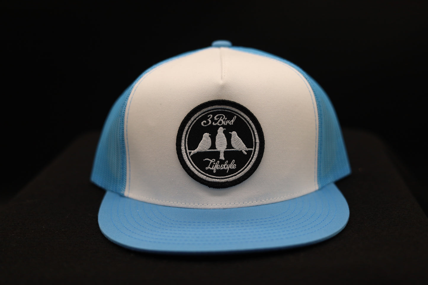 Old School Flat Bill Trucker •Carolina Blue & White • 3 Bird Lifestyle Patch