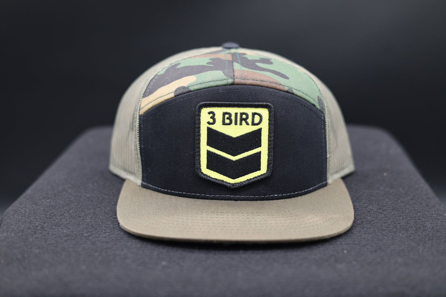 3 Bird Lifestyle Seven-Panel Trucker 
 •Black & Camo & Loden • 3 Bird Patch