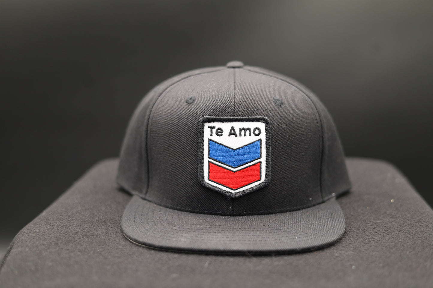 Richardson 510 Wool Blend Snapback Flat Bill • Black • Te Amo (Blue and Red) Patch