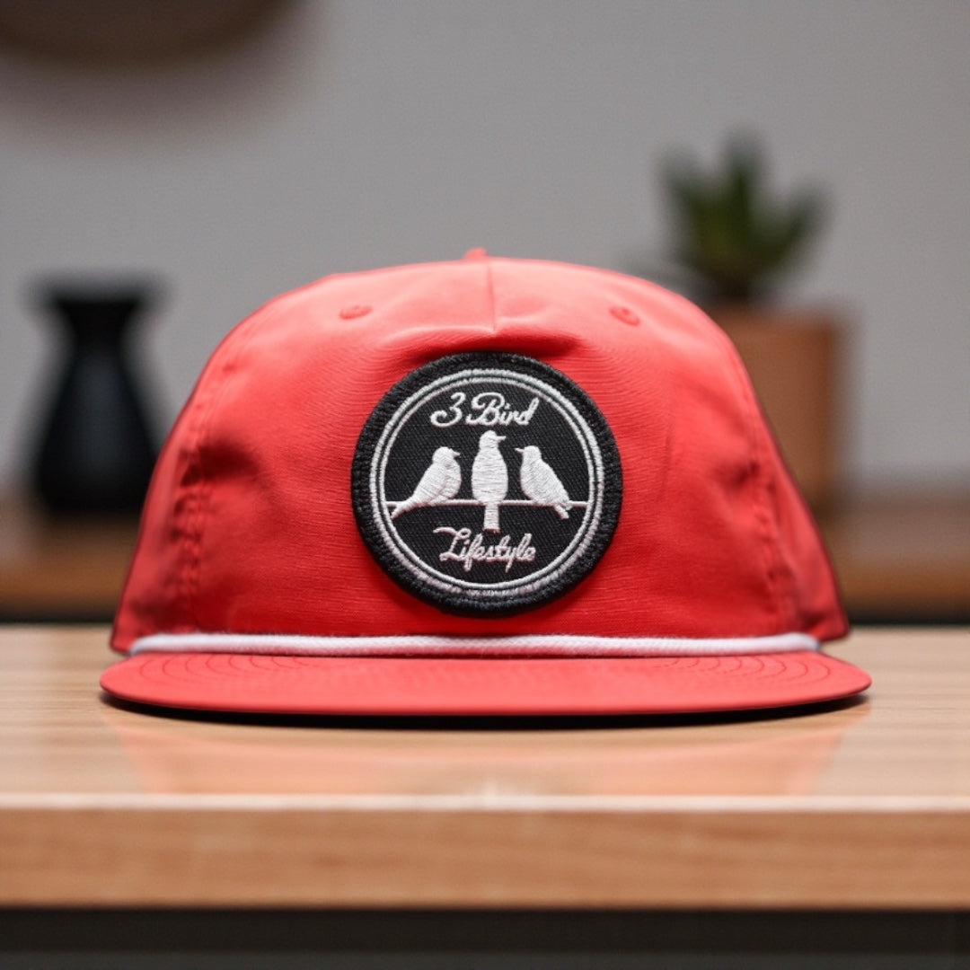 3 Bird Lifestyle Grandpa Rope Hat • Red with White Rope • 3 Bird Lifestyle Patch