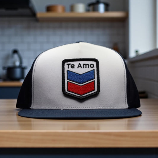 3 Bird Lifestyle Flat Bill Trucker • Navy & White •  Te Amo (Blue and Red) Patch