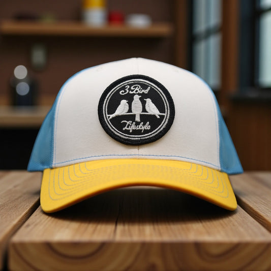 3 Bird Lifestyle Trucker Hat • White & Columbia Blue & Yellow • 3 Bird Lifestyle Patch