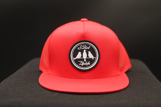 Old School Flat Bill Trucker •Red • 3 Bird Lifestyle Patch