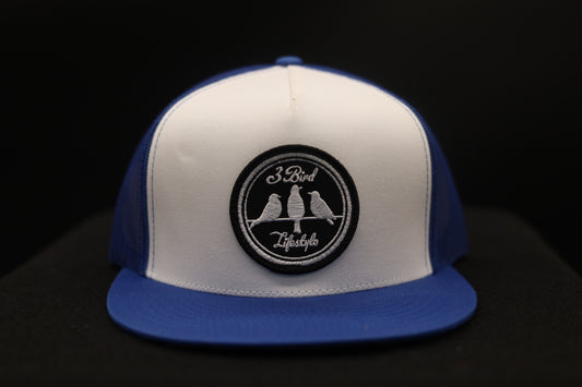 Old School Flat Bill Trucker •Royal Blue & White• 3 Bird Lifestyle Patch