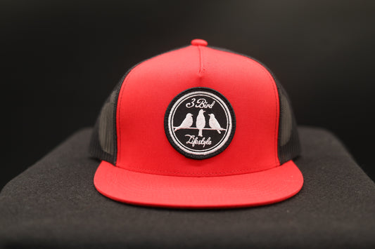 Old School Flat Bill Trucker •Red & Black • 3 Bird Lifestyle Patch