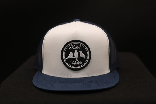 Old School Flat Bill Trucker •Navy & White• 3 Bird Lifestyle Patch