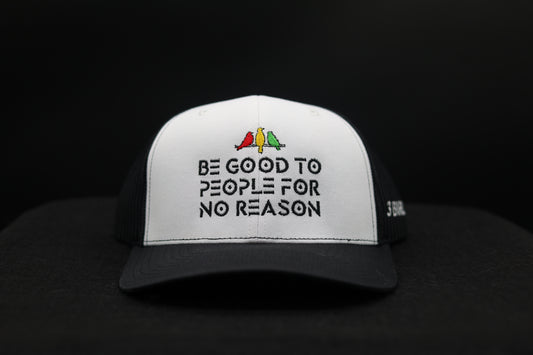 3 Bird Lifestyle Trucker Hat • White & Black• Be Good To People For No Reason • Rasta Birds